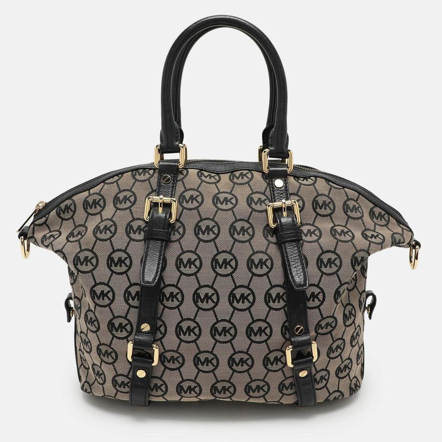 Michael Kors Beige/black Monogram Canvas And Leather Bedford Satchel