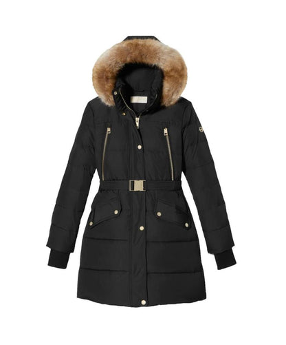 Belted Faux Fur 3/4 Length Puffer Coat In Black