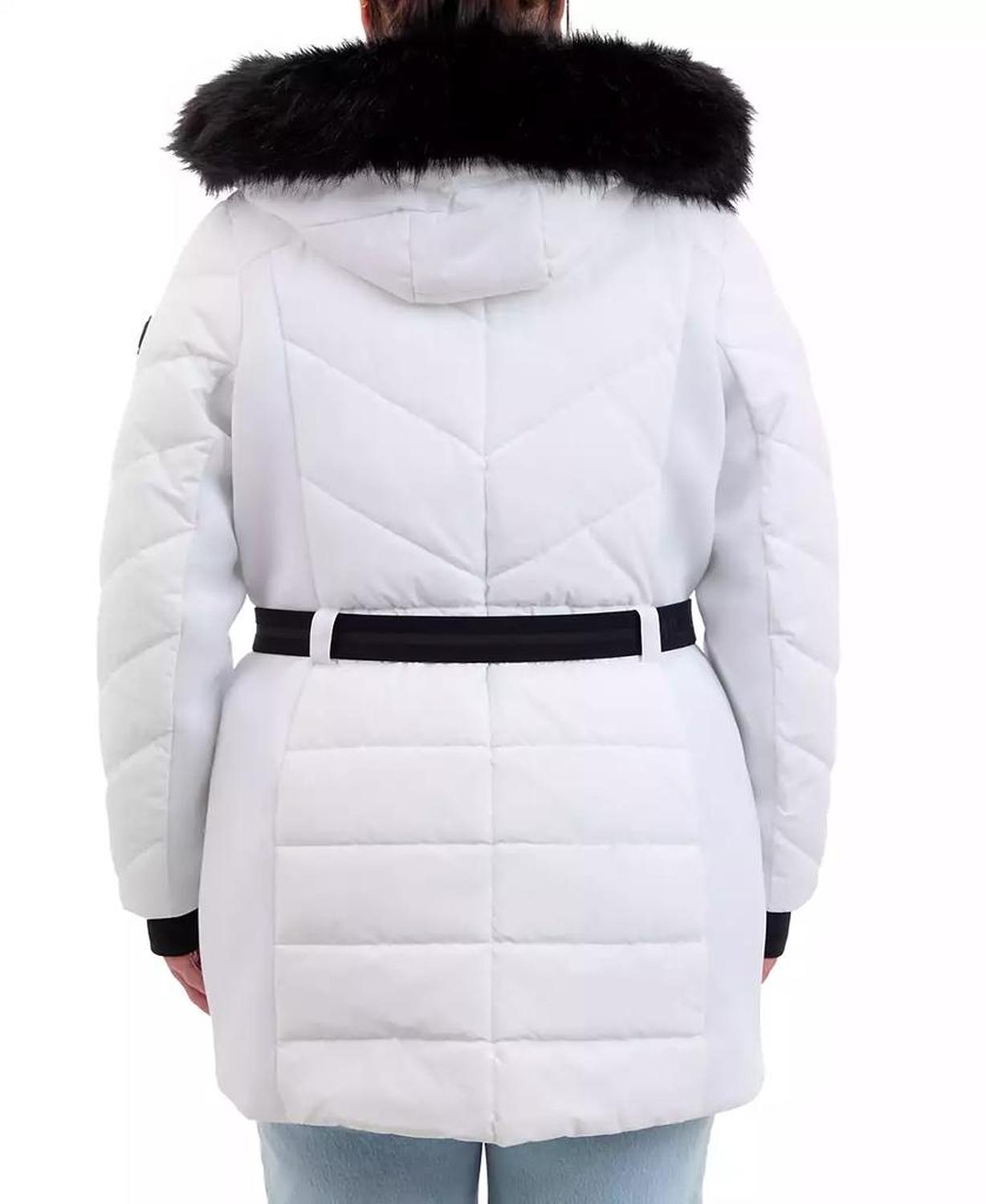 Plus Size Belted Faux-Fur-Trim Hooded Puffer Coat