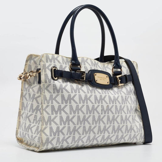 Michael Kors White/blue Signature Coated Canvas East West Hamilton Tote