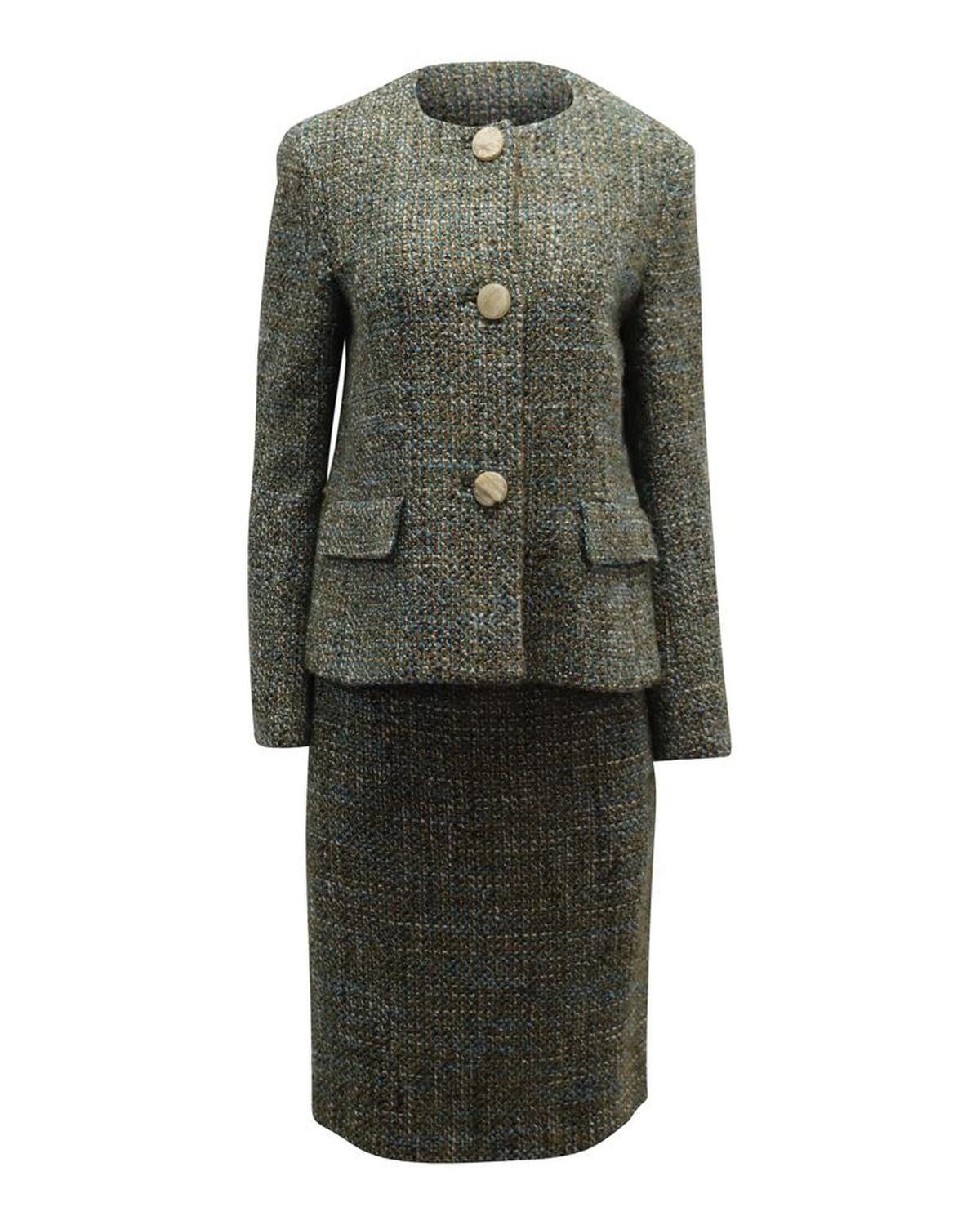 Max Mara Tweed Single Button Blazer and Straight Cut Skirt Set in Multicolor Wool