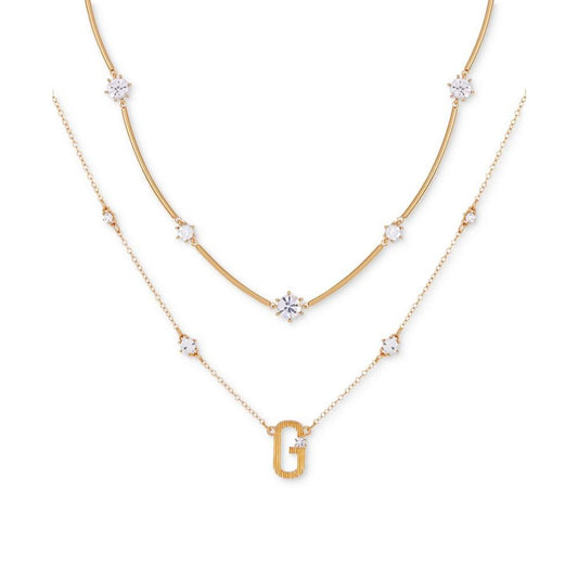 Gold-Tone Crystal & Textured Logo Layered Pendant Necklace, 16" + 2" extender