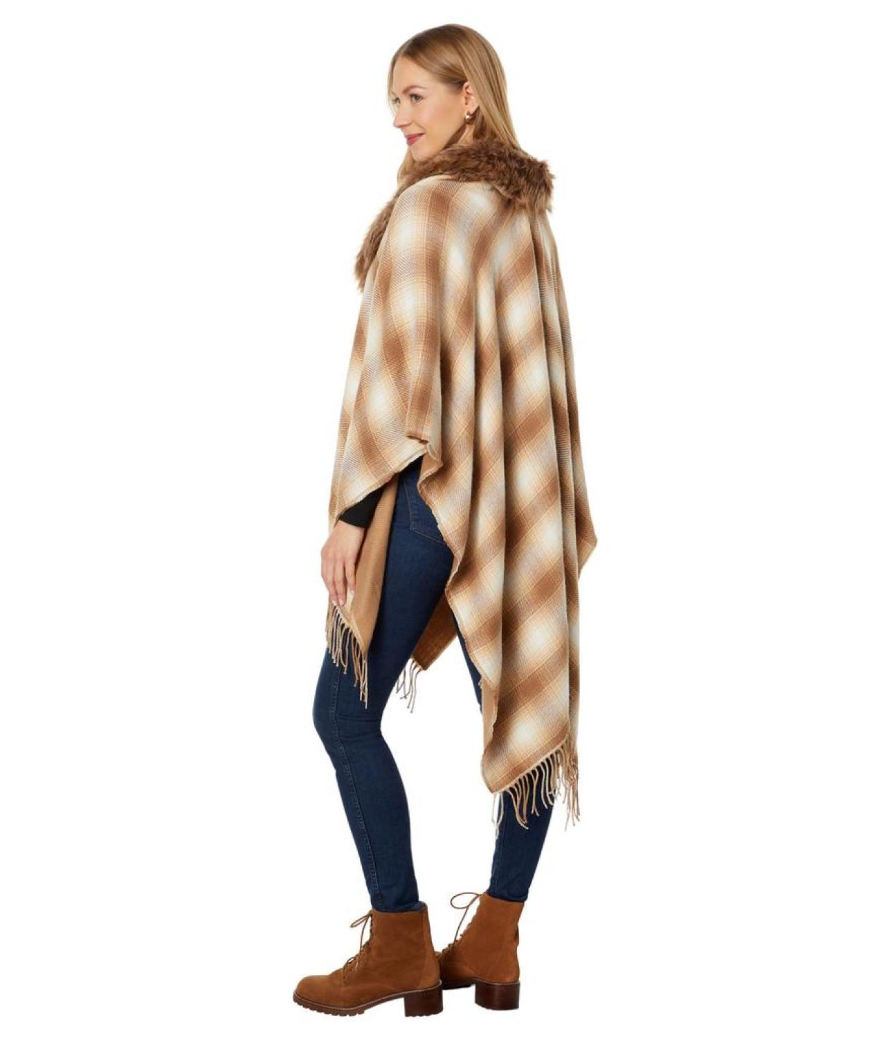 Reversible Plaid Ruana with Faux Fur Collar