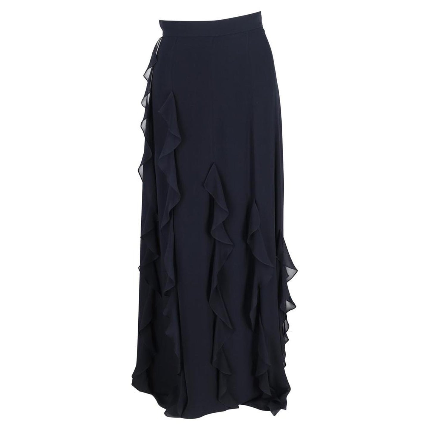 Serafin Frilled Long Skirt in Navy Blue Silk