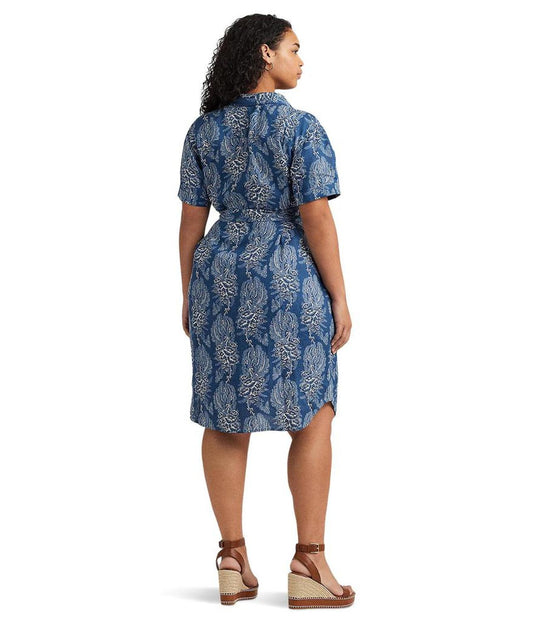 Plus-Size Floral Belted Linen Shirtdress