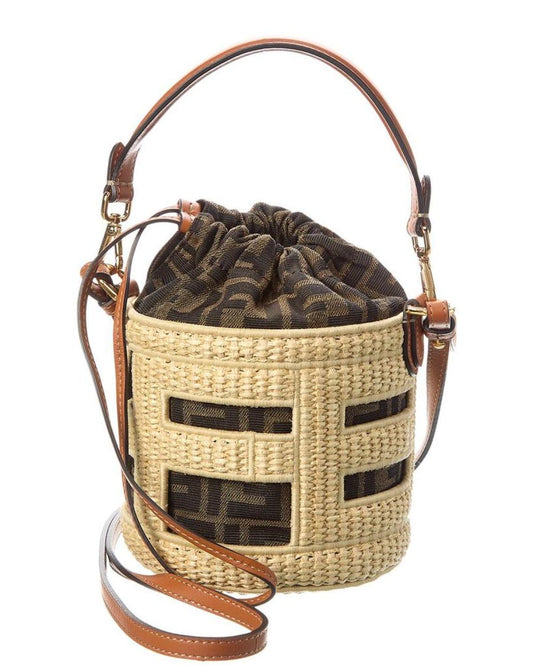 FENDI Mini Raffia & Leather Bucket Bag