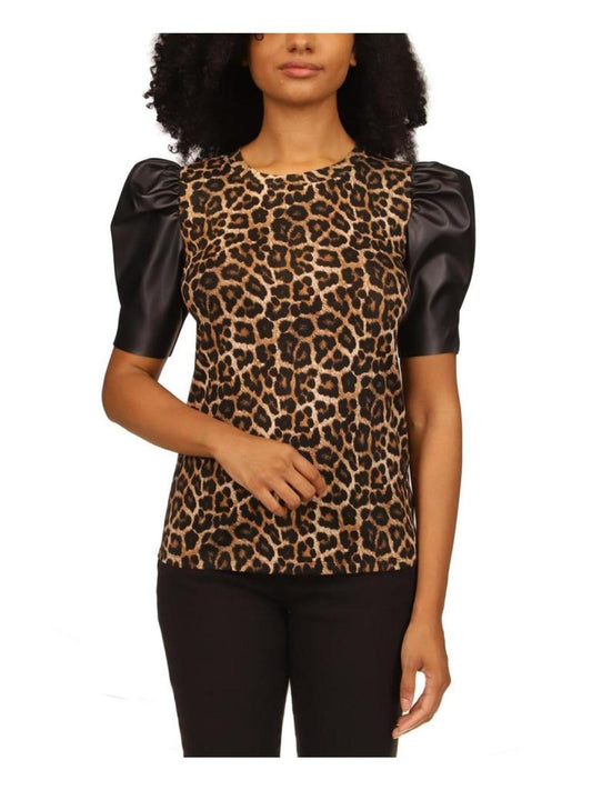 Petites Womens Faux Leather Animal Print Pullover Top