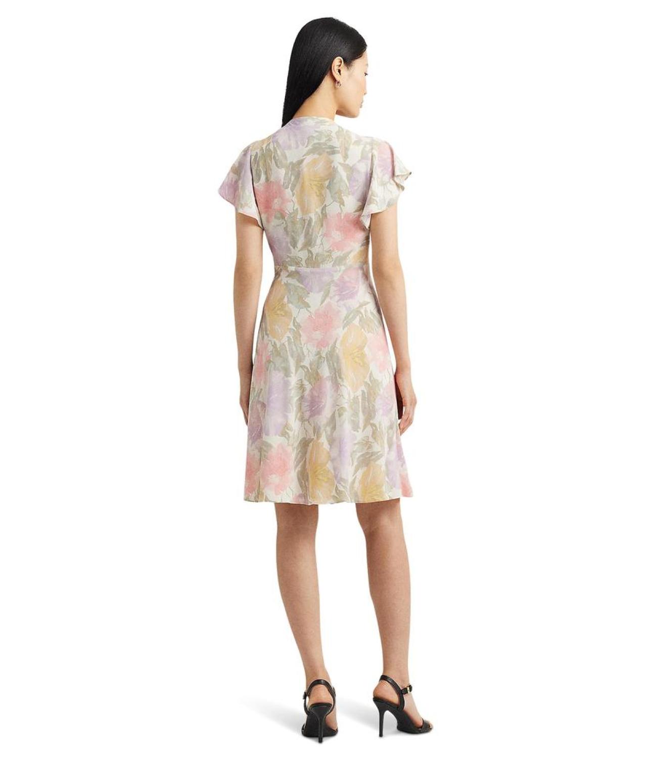 Floral Bubble Crepe Tie-Neck Dress