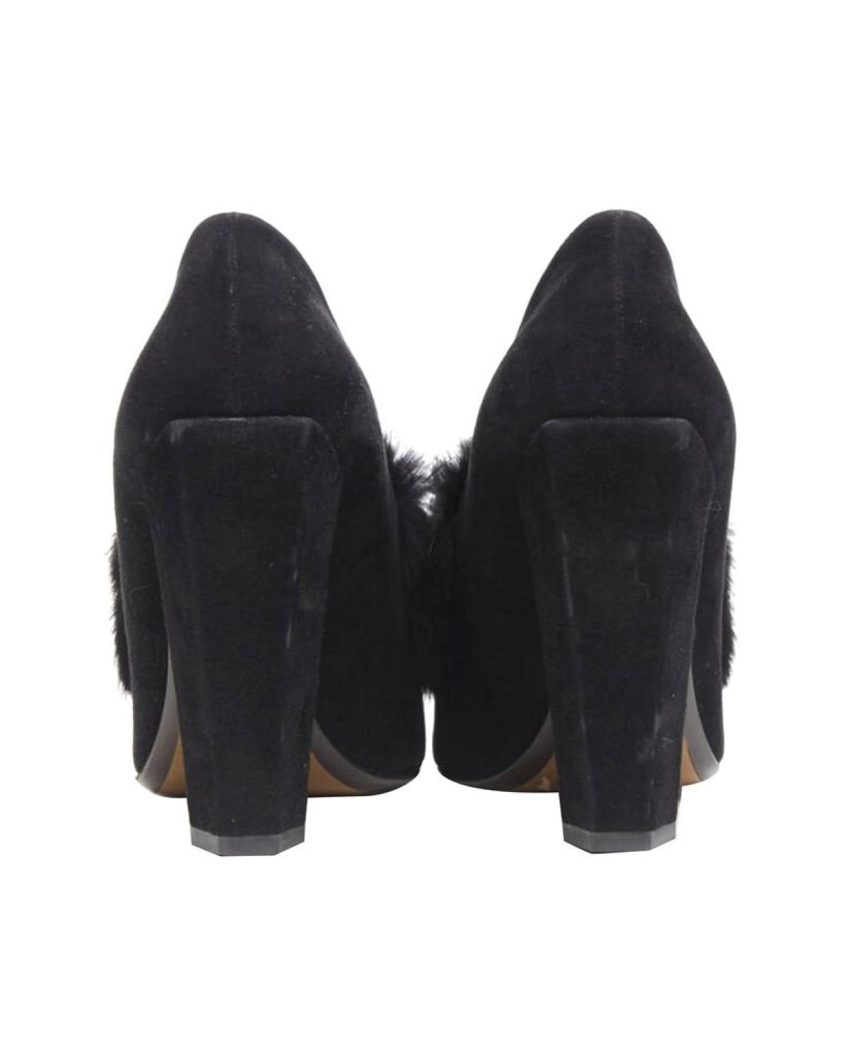 FENDI black suede black white mink fur front point toe chunky heel pump