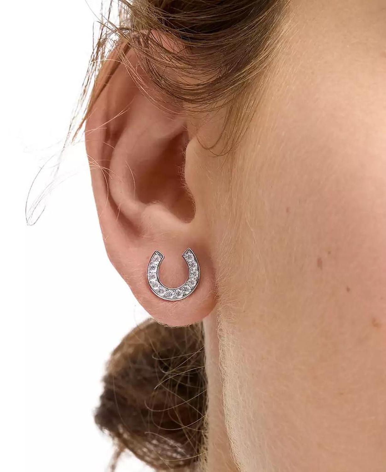 Silver-Tone Cubic Zirconia Pavé Horseshoe Stud Earrings