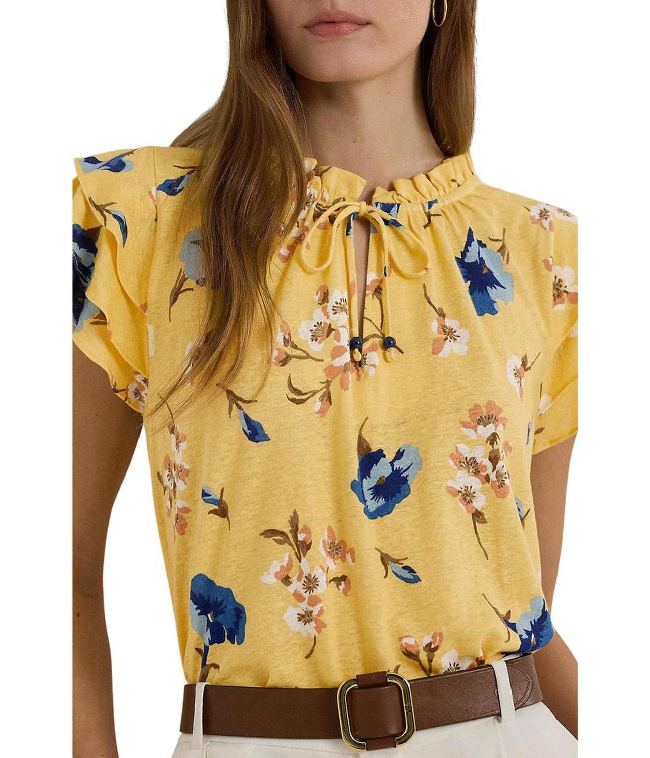 Floral Linen-Blend Jersey Tie-Neck Top