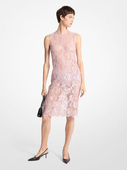 Hand-Embroidered Sequin Floral Lace Shift Dress