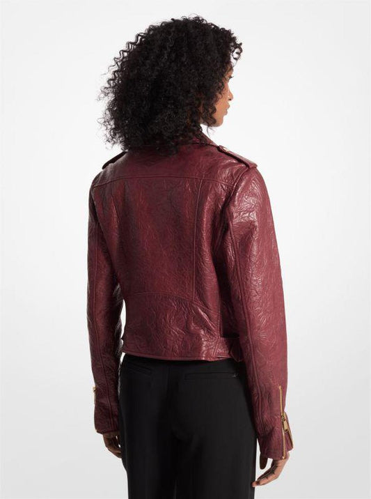 Crinkled Leather Cropped Moto Jacket