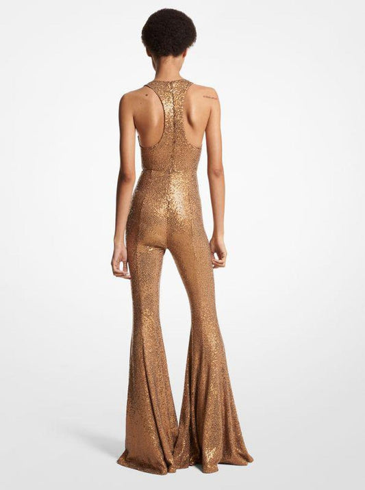 Hand-Embroidered Sequin Stretch Matte Jersey Flared Jumpsuit