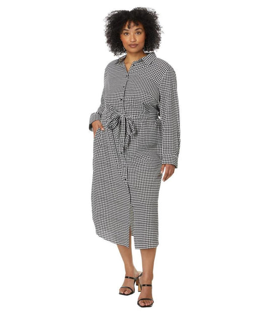 Plus-Size Houndstooth Belted Crepe Shirtdress