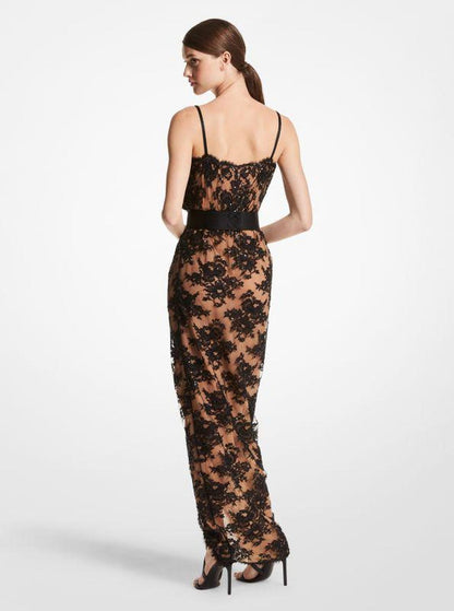 Paillette Embroidered Chantilly Lace Slip Gown