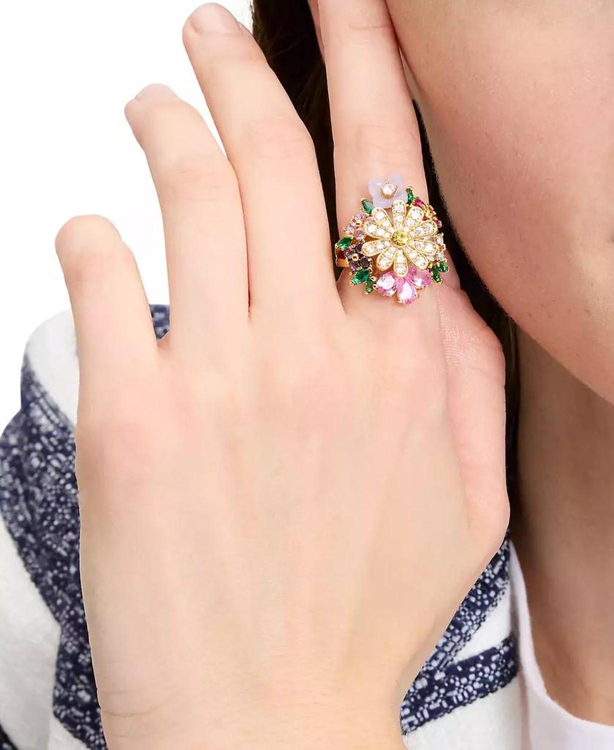 Gold-Tone Stone & Cubic Zirconia Bursting Blooms Statement Ring