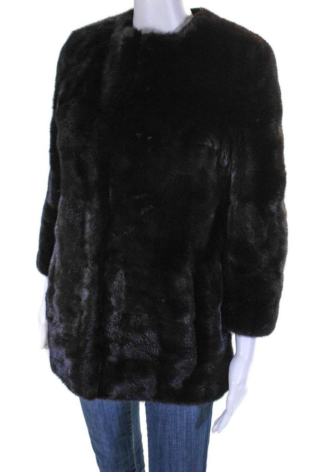 Michael Kors Womens Crew Neck Hook & Eye Mink Fur Coat Dark Brown