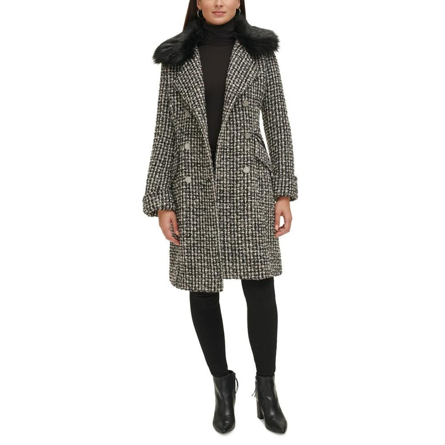 Women's Double-Breasted Faux-Fur-Collar Tweed Coat