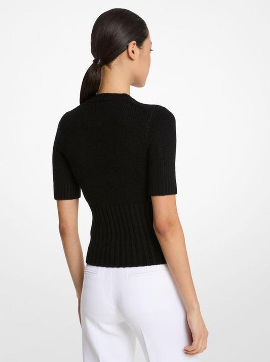 Ribbed Stretch Cashmere Short-Sleeve Sweater