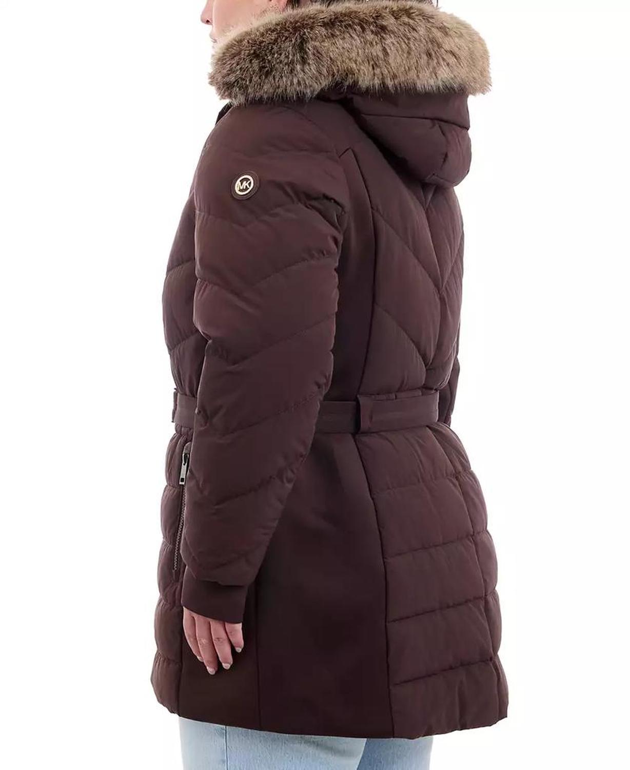 Plus Size Belted Faux-Fur-Trim Hooded Puffer Coat