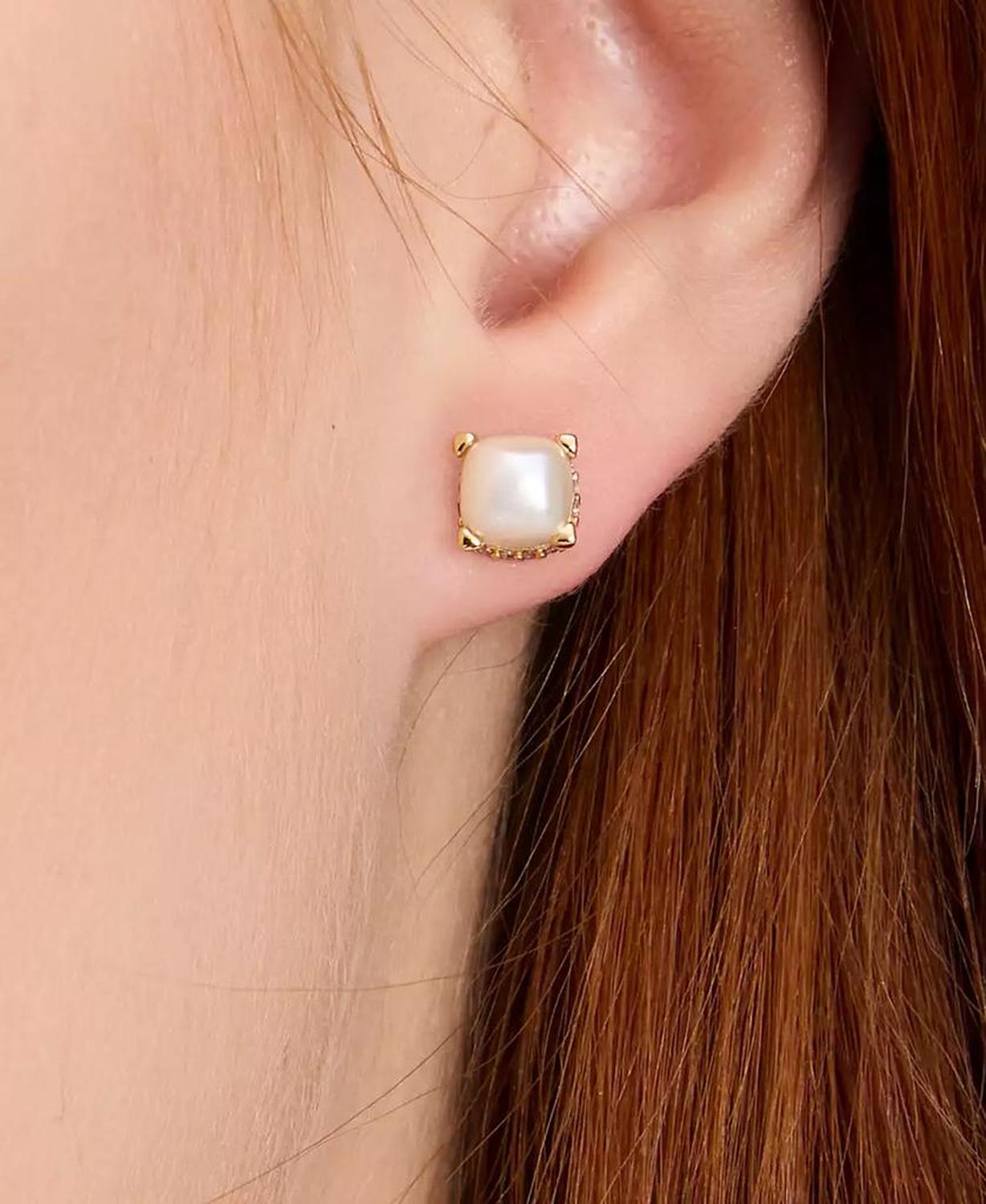 Gold-Tone Pavé & Imitation Pearl Square Stud Earrings