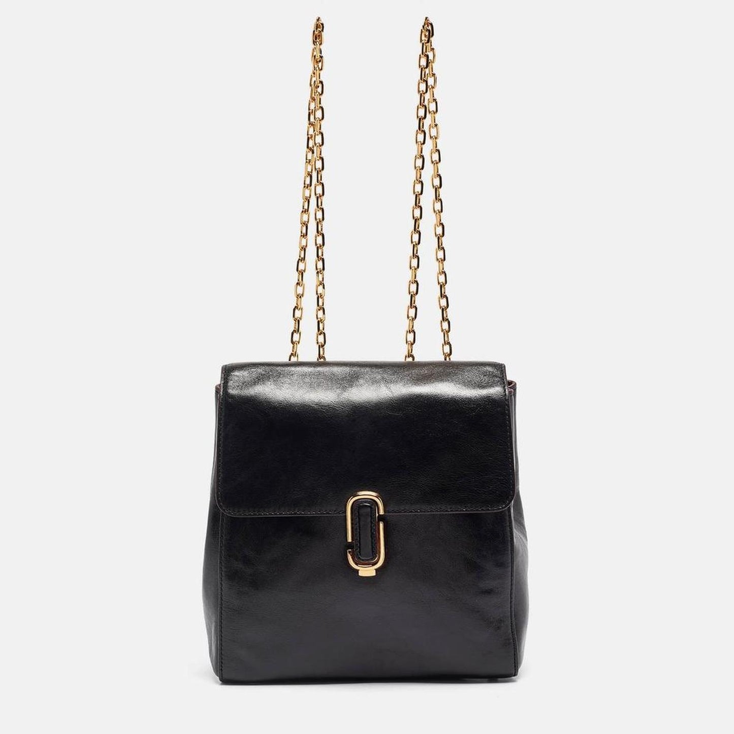 Black Glossy Leather Chain Strap Backpack