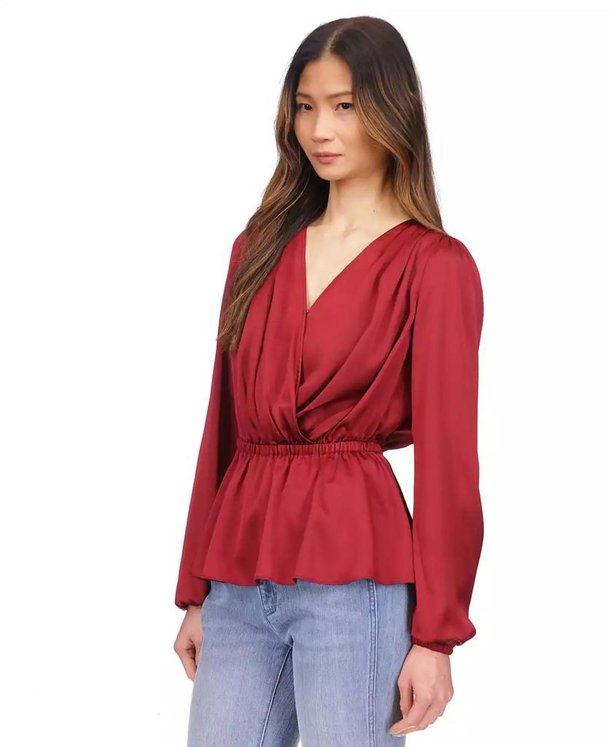 Women's Satin Faux-Wrap Peplum Top