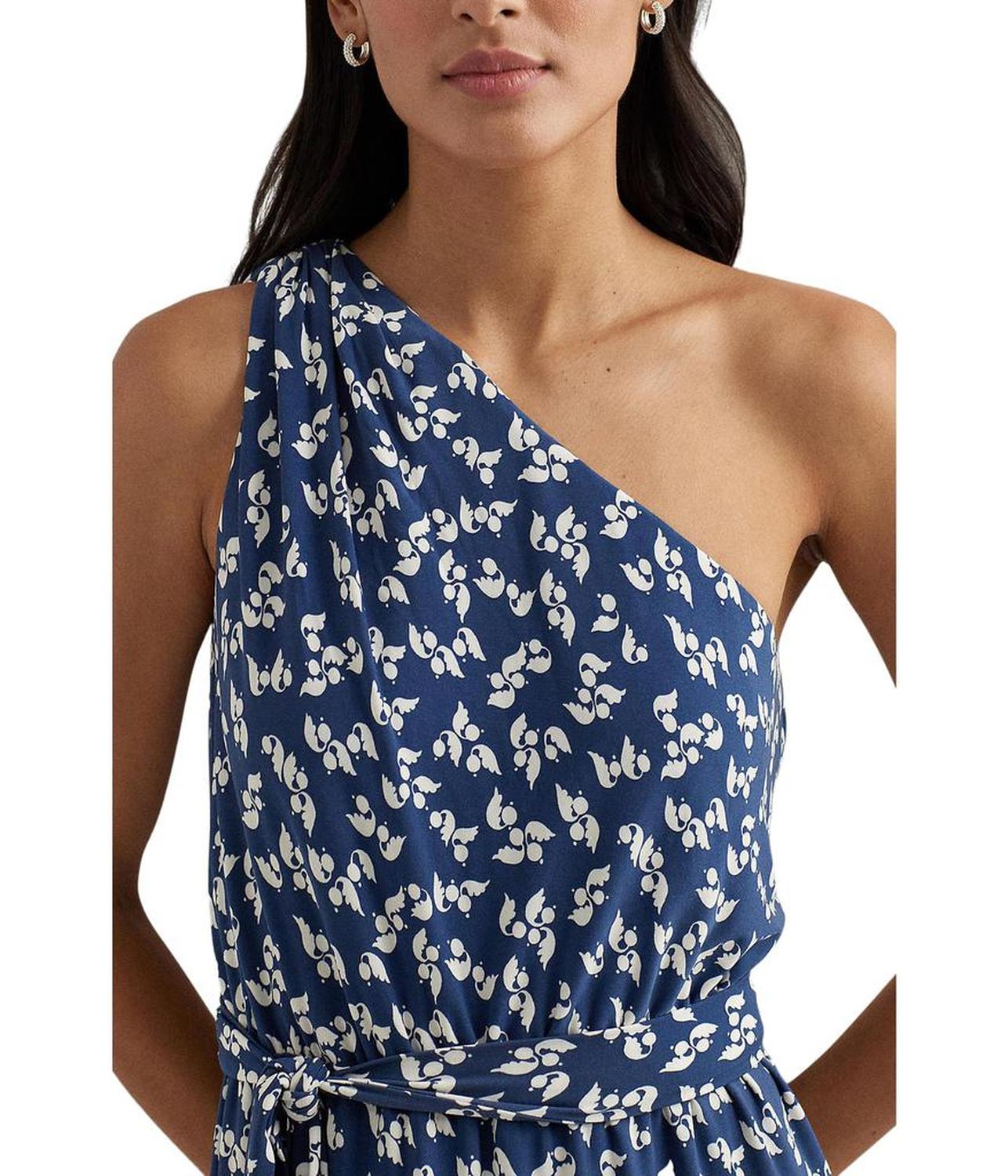 Floral Belted Jersey One-Shoulder Dress