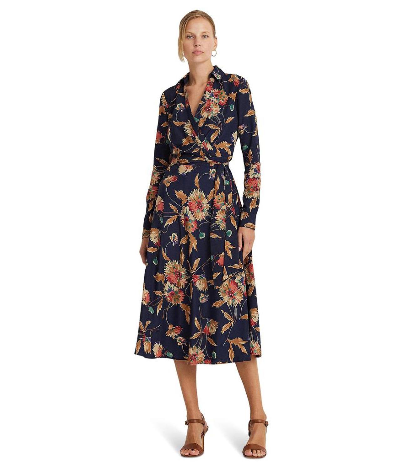 Floral Surplice Crepe Midi Dress