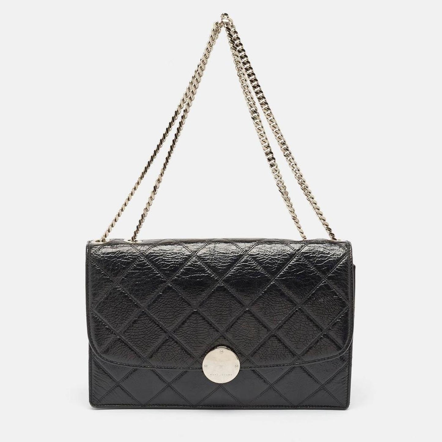 Black Glossy Quilted Leather Trouble Flap Shoulder Bag