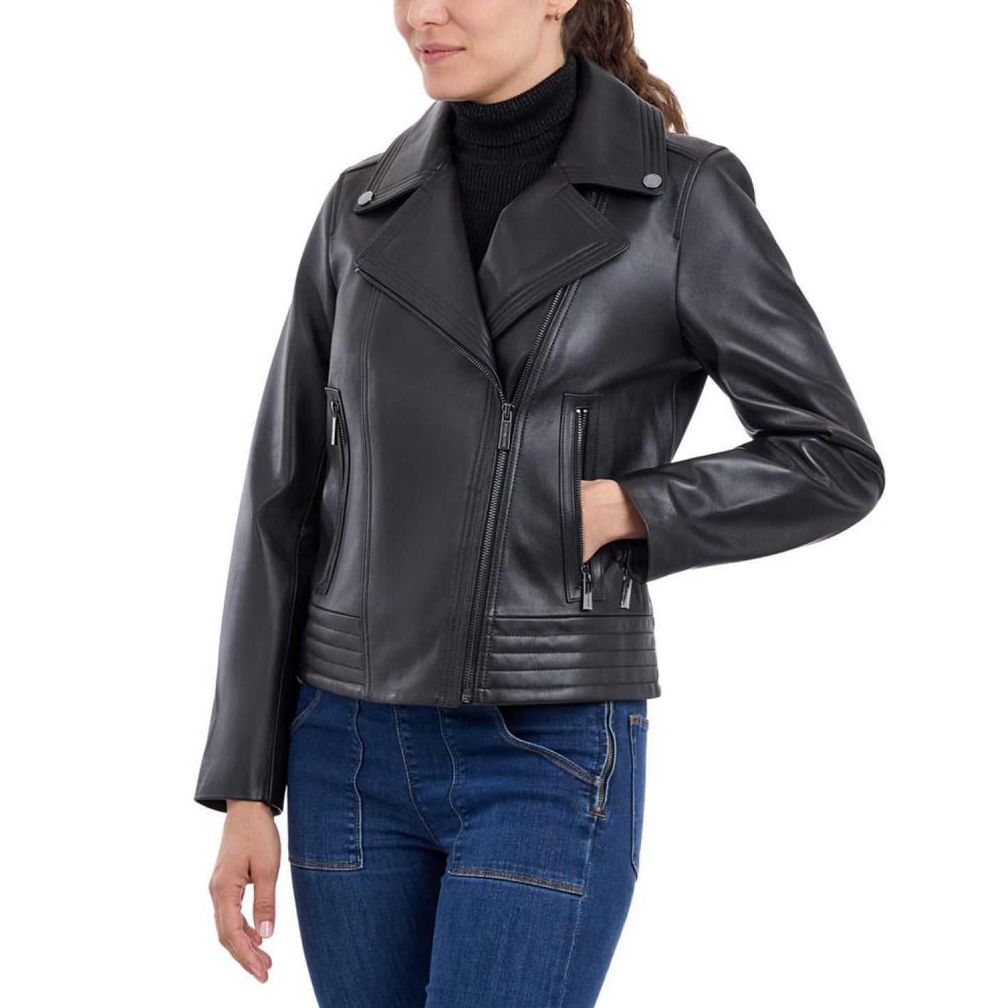 Petite Asymmetric Leather Moto Coat