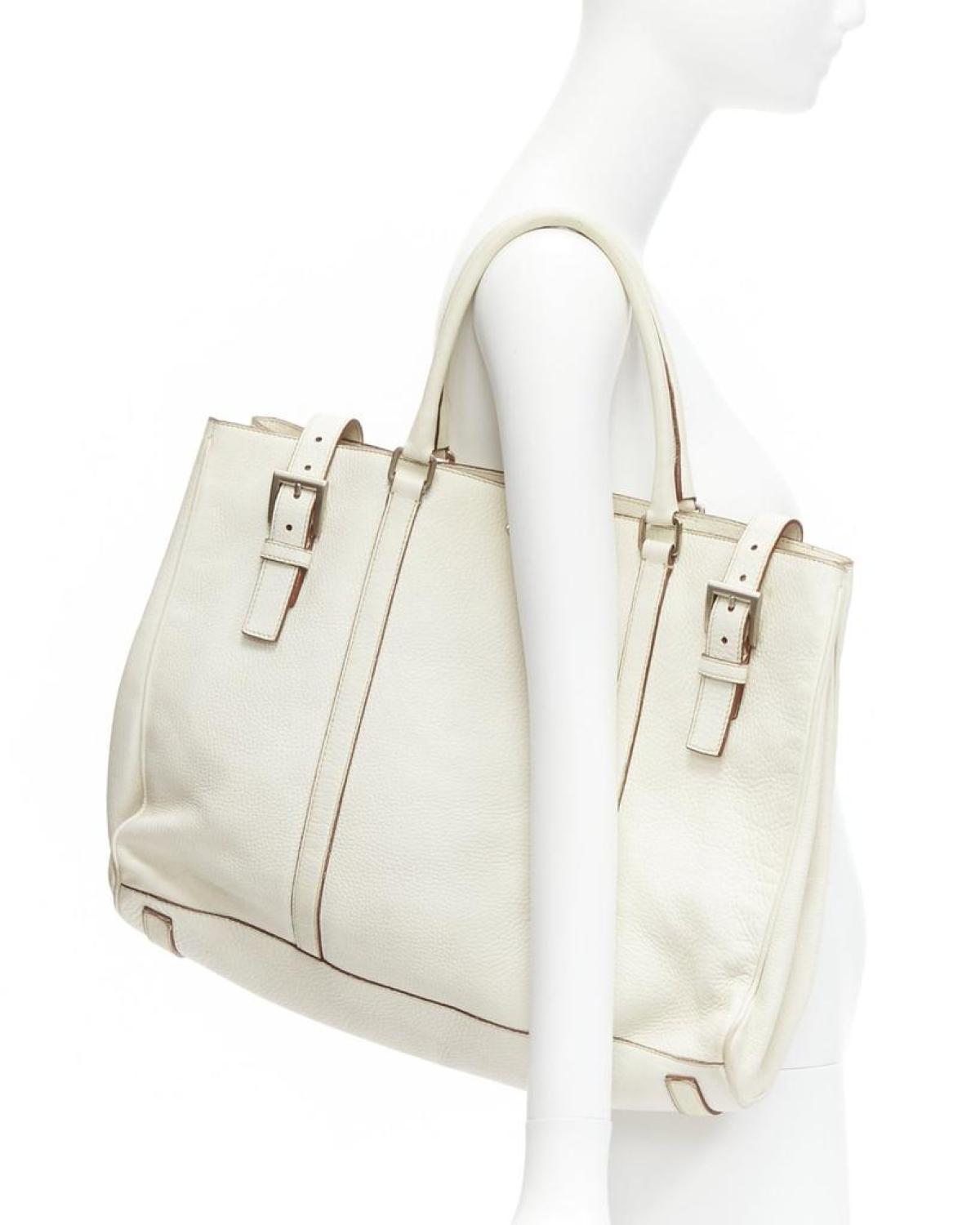 PRADA ivory white grained leather silver triangle logo buckle strap tote bag