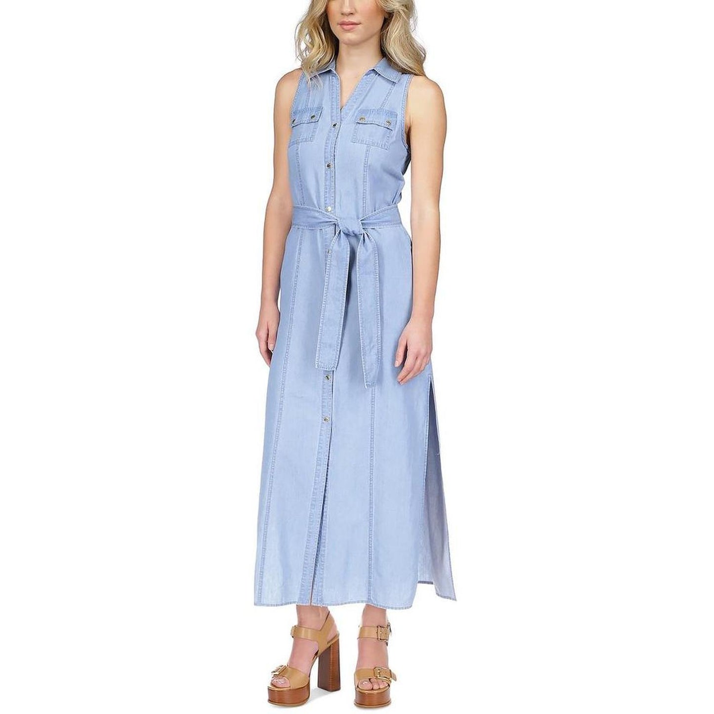 Petites Womens Chambray Sleeveless Shirtdress