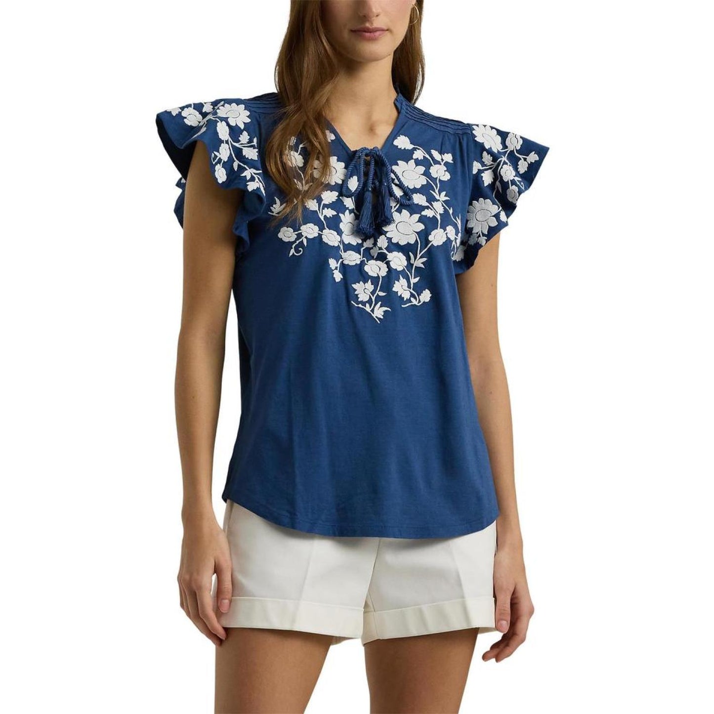 Floral-Embroidered Jersey Tie-Neck Top