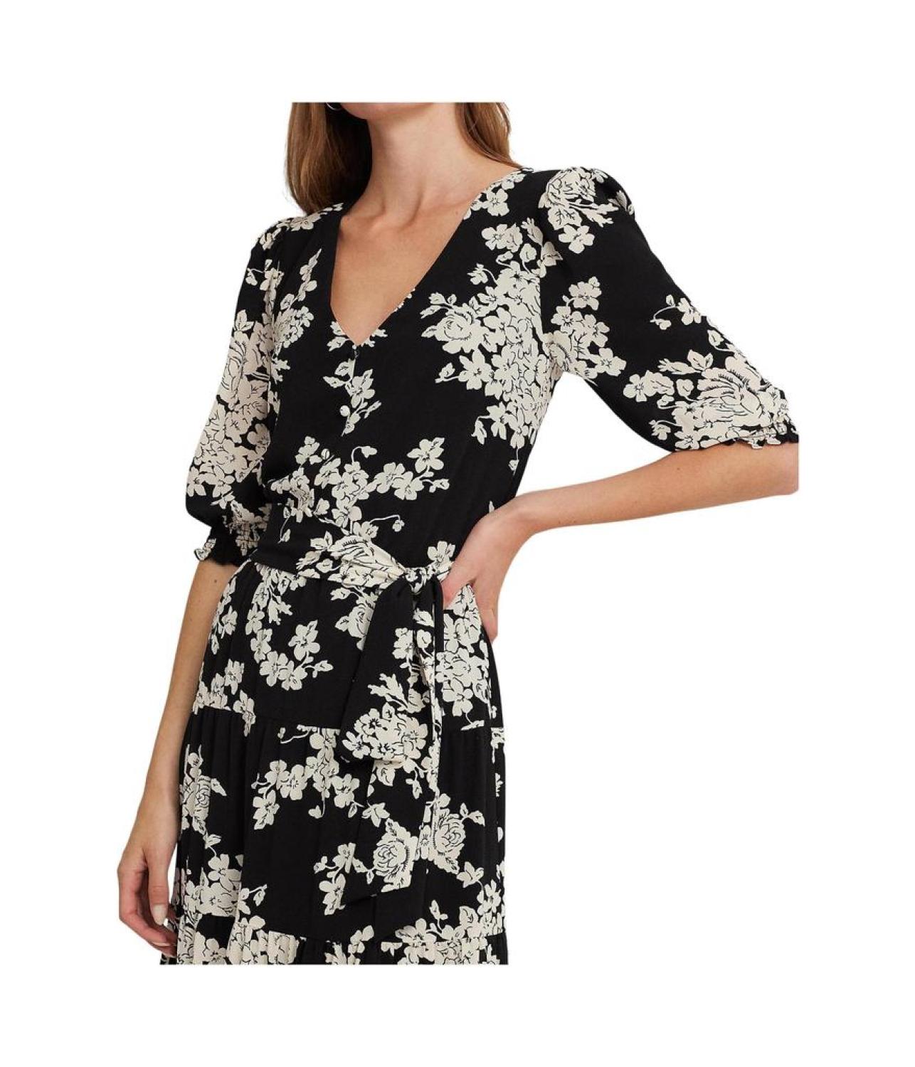 Floral Belted Bubble Crepe Dress