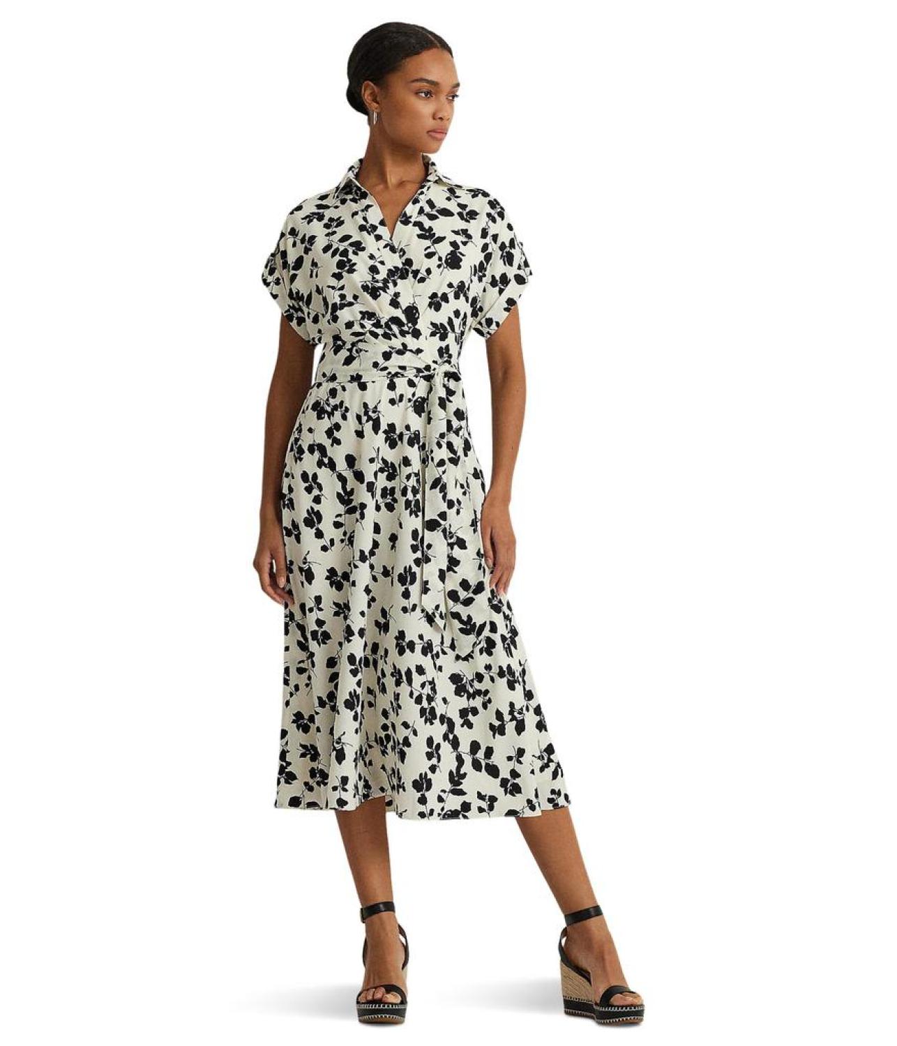 Leaf-Print Belted Crepe Dress