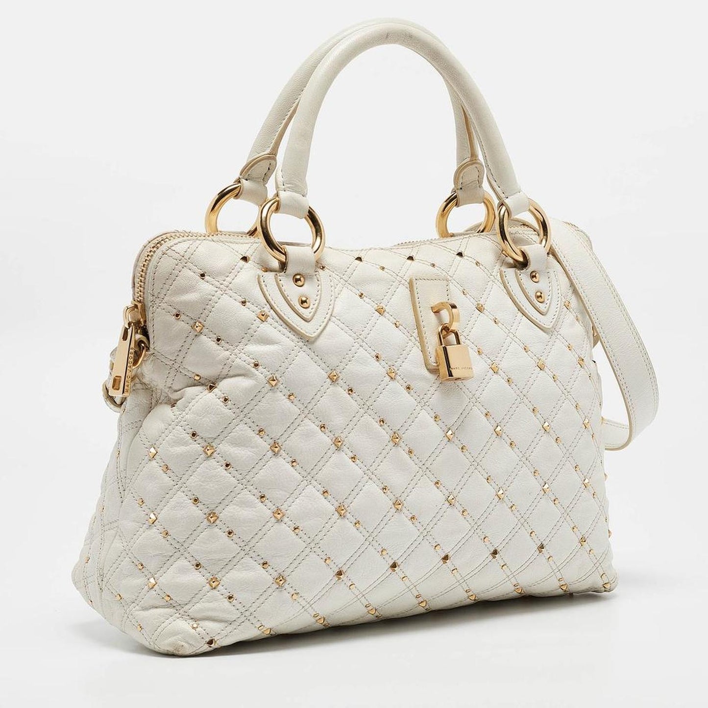 White Quilted Leather Large Rio Stardust Studded Satchel