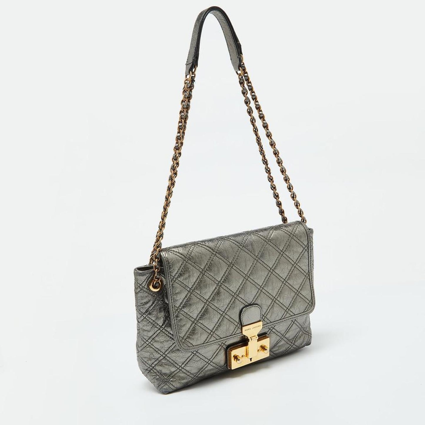 Metallic Quilted Leather Pushlock Flap Shoulder Bag