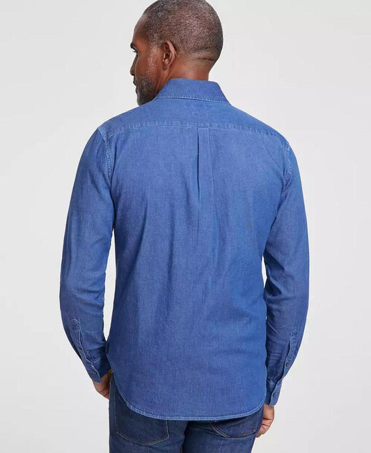 Men's Slim-Fit Double Pocket Chambray Long-Sleeve Button-Down Shirt