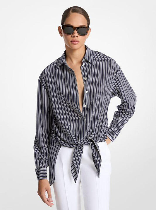 Striped Crepe De Chine Tie-Front Shirt