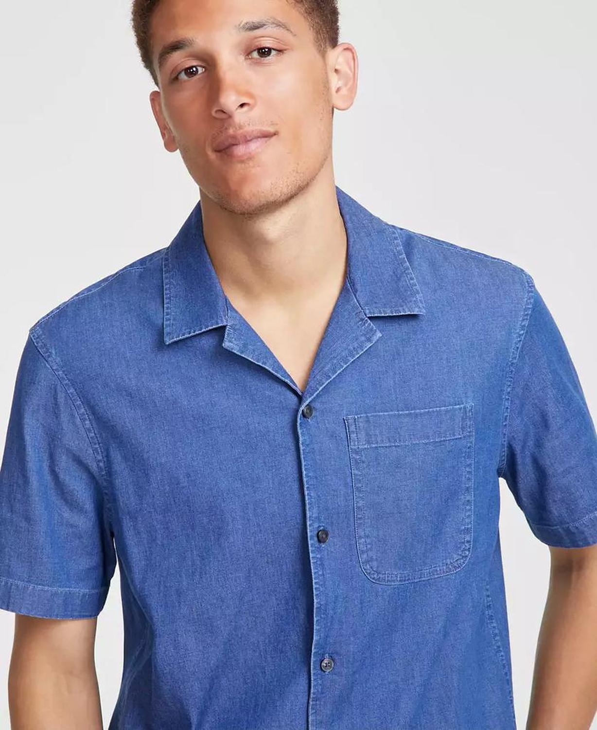 Men's Slim-Fit Stretch Garment Dyed Short-Sleeve Button-Down Shirt