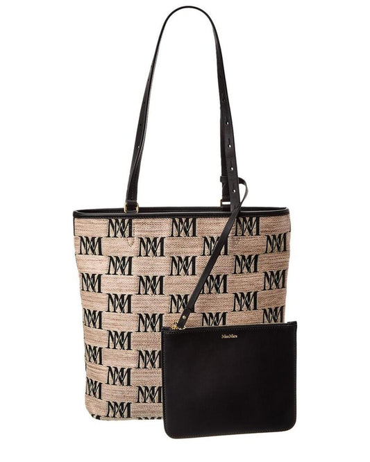 Max Mara All-Over Logo Print Leather-Trim Tote