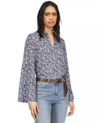 Women's Floral-Print Button-Front Flare-Sleeve Top