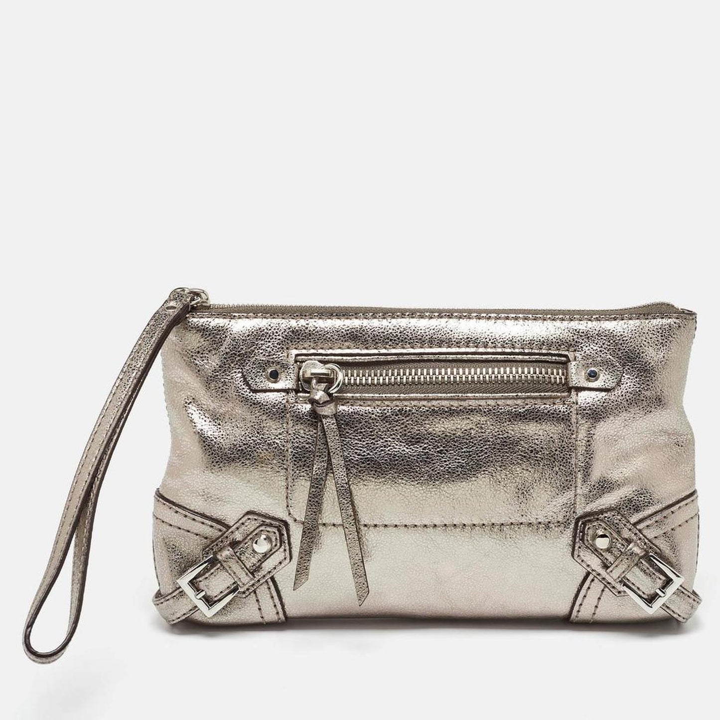 Metallic Grey Leather Fallon Wristlet Clutch