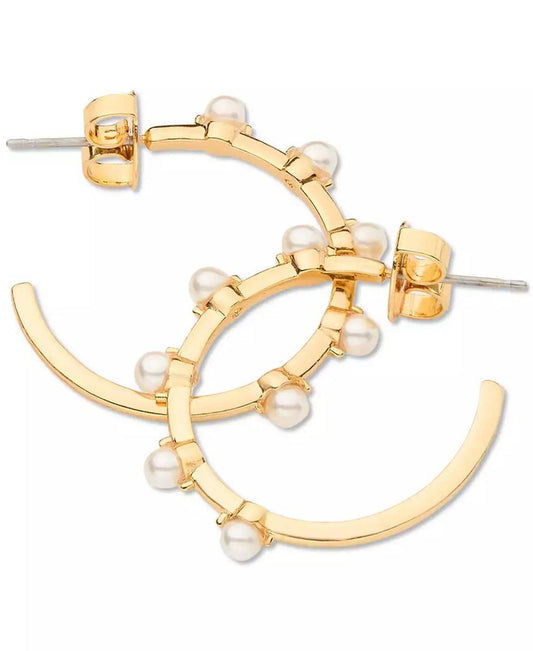 Gold-Tone Hint of Shimmer Imitation Pearl Small Hoop Earrings, 1"