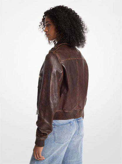 Burnished Leather Blouson Sleeve Jacket