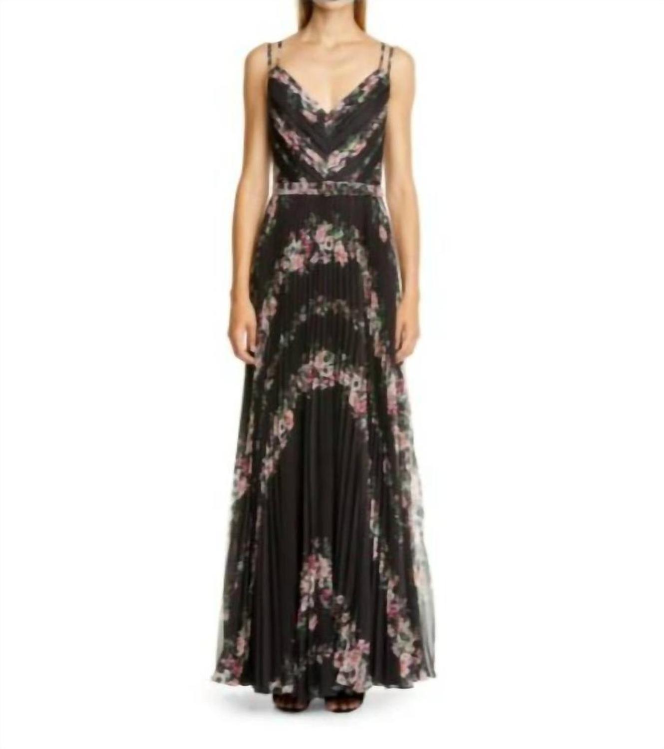 Notte Floral Sleeveless Pleated Chiffon Gown In Black