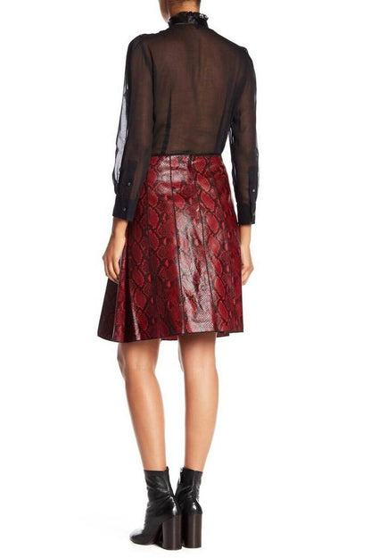 Leather Snake Embossed Pleated Skirt In Red/black