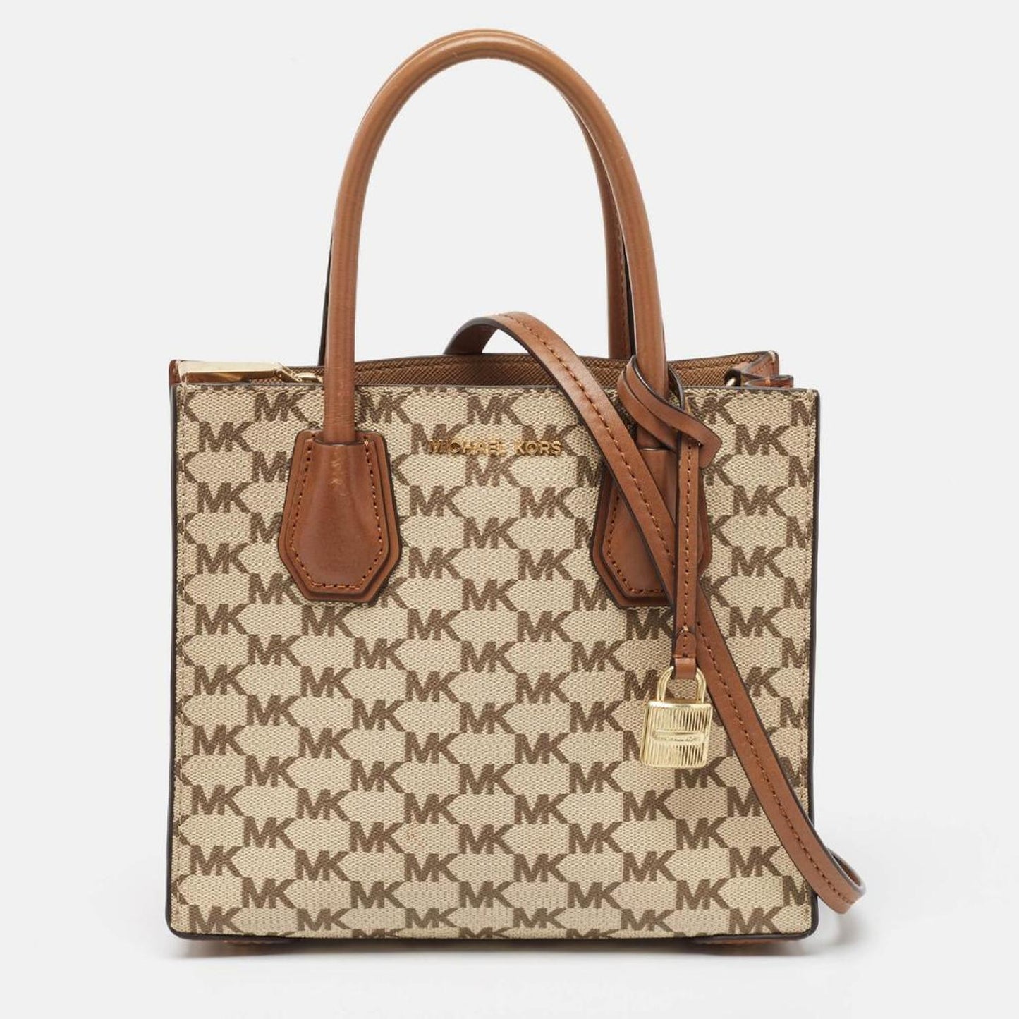 Michael Kors Brown/beige Signature Coated Canvas And Leather Mini Mercer Tote